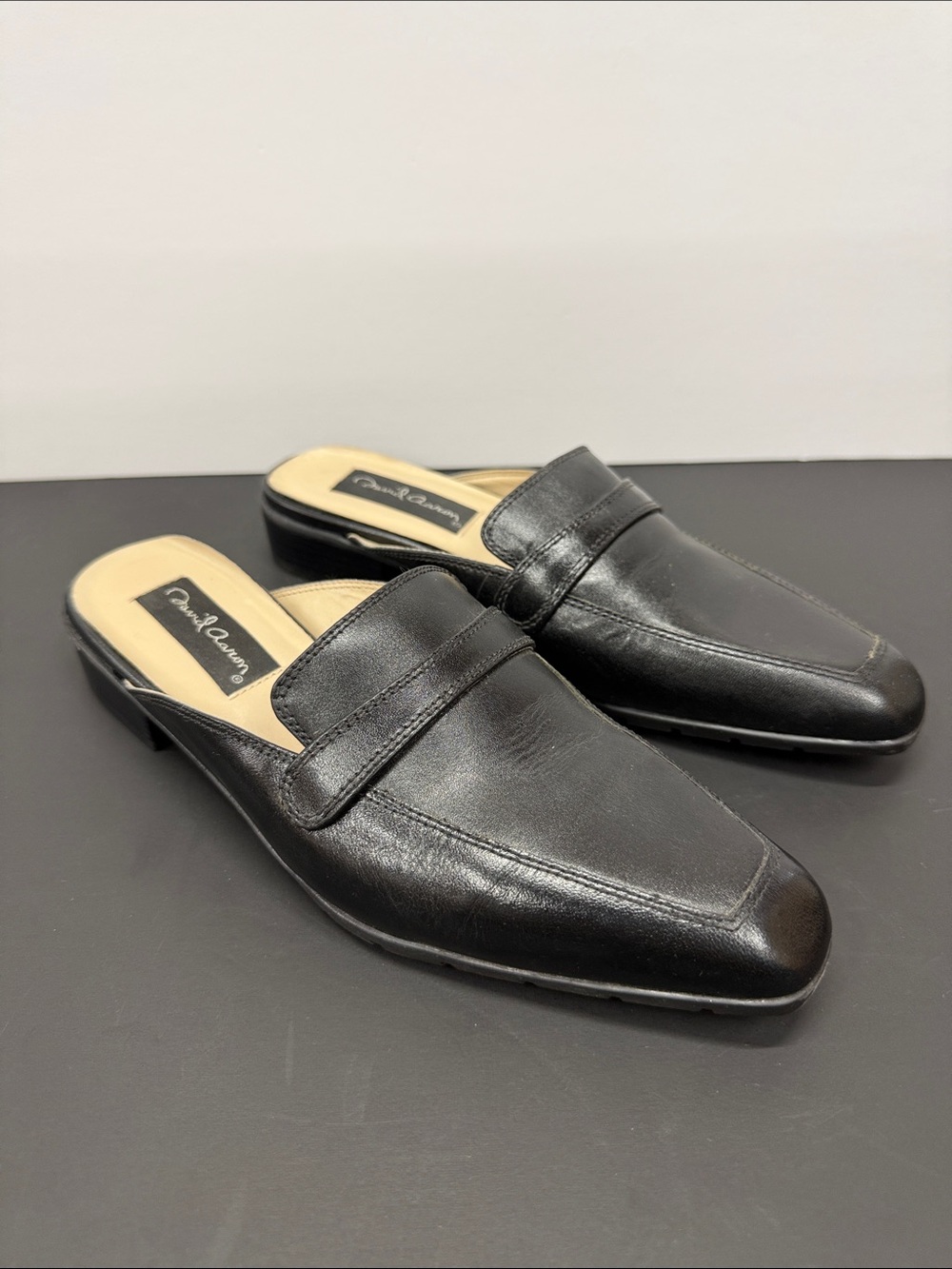 Black Leather Backless Penny Loafers